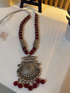 Boho Red Bead &amp; Silver Pendant Necklace