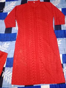 Red chikankari kurta set