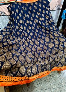 Navy Blue Lehenga Skirt with Gold Print