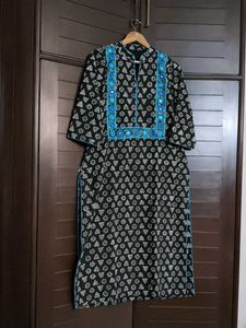 Black Printed Kurta with Blue Embroidery