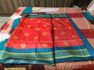 tomato red+ rama colour cotton blend sari with blo