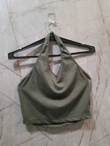 Olive Green Ribbed Halter Neck Crop Top (size-S)