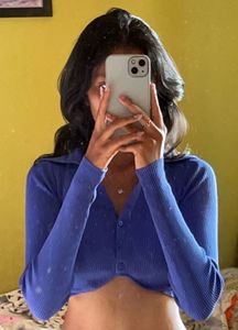 Ribbed Blue Cropped Collared Shirt