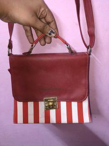 Red &amp; White Striped box sling Bag