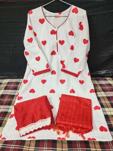 White Kurta Set with Red Hearts