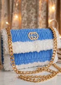 Blue & White Striped Plush Chain Bag