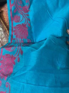 Blue Saree with Pink Floral Border without blouse