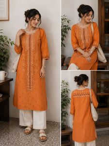 Orange foil print kurta