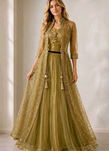 3 Piece Elegant Golden Net Lehenga Choli Set