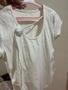 Chic White Striped Crop Top with Rose Detail