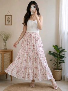 White & Pink Floral Printed Flared Maxi Skirt