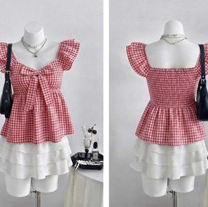 Red and blue Gingham Puff Sleeve Top
