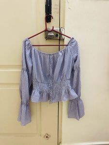 Blue Gingham Off-Shoulder Bell Sleeve Top