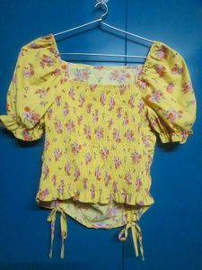 Yellow Drawstring Bow Floral Crop Top summer wear