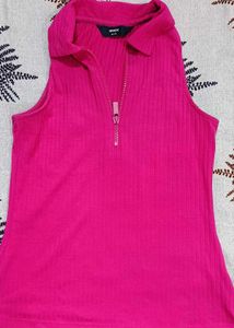 Ribbed Pink Collared Zip-Up Top