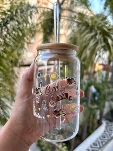 Cute Coffee Time Glass Tumbler with bamboo lid and