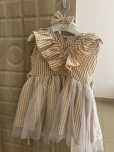 Adorable Gingham Ruffle Dress with Headband-new