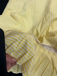 Elegant Yellow Striped dress with Lace Detail