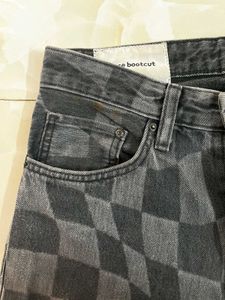 Checkerboard Print Wide Leg Jeans