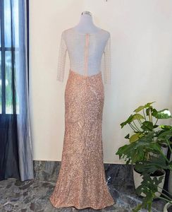 Rose Gold Sequin Gown with Sheer Sleeves