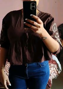 Brown Embroidered Peplum crop Top