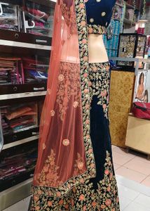 Navy Blue Embroidered Velvet Lehenga Choli