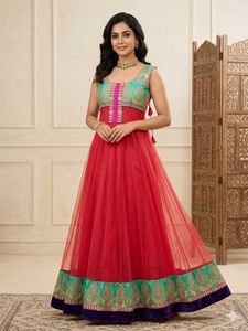 Stunning Red & Teal Embroidered Anarkali Dress