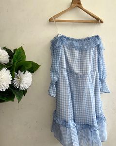 Blue Gingham Off-Shoulder Dress from AND