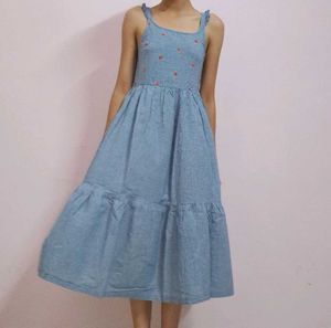 Blue Gingham Embroidered Dress