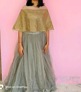 Elegant Gold & Grey Tulle Lehenga Choli