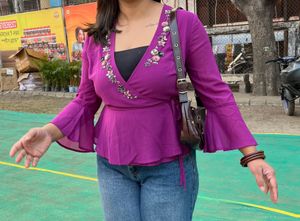 Purple Floral Embellished Wrap Top