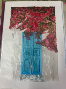 Watercolor Painting: Blue Door &amp; Flowers