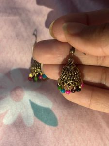 golden Jhumka Earrings with Beads
