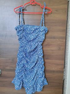 Blue Floral Ruched Mini Dress
