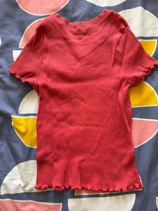 Red Ribbed Lettuce Hem Top
