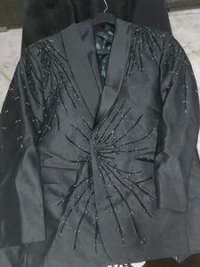 Embroidered Black Shawl Collar Blazer