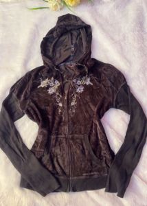 Velour Zip-Up Hoodie with Embroidery