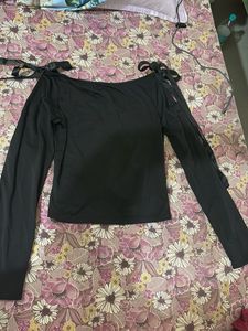Black Off-Shoulder Ruched Top with Tie Details