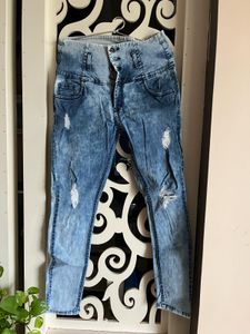 Ribbed High Waisted Acid Washed Blue Demim Jeans