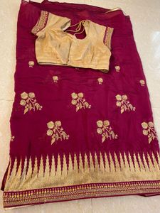 Maroon Saree with Golden Border and Blouse