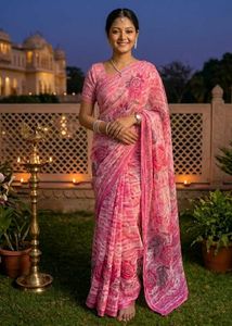 Pink Floral Georgette Saree with Stone-Work Pallu