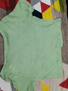 Green Ribbed Cropped Cardigan