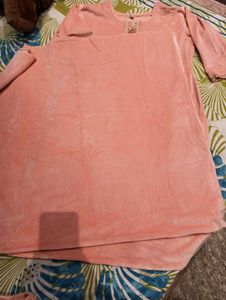 woolen Peach Velvet Kurta Set