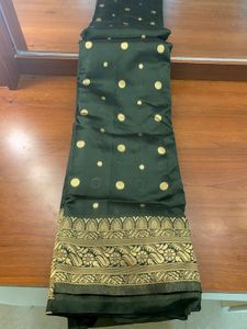 Elegant Dark Green Saree with Gold Polka Dots