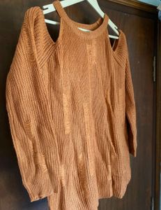 Orange Distressed Cold Shoulder Sweater