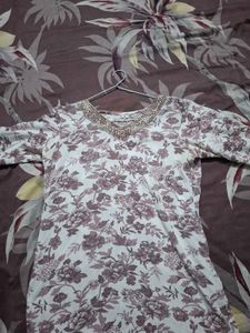 Floral Print Kurta with Embellished Neckline