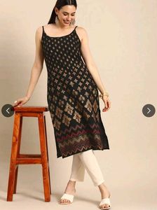 Elegant Black Tribal Print Spaghetti Strap Kurti