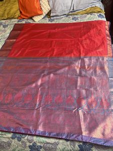 Red Silk Saree with Blue Brocade