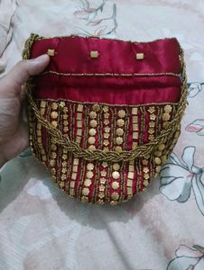 Elegant Maroon &amp; Gold Potli Bag