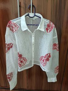 Chic White Crochet Floral Shirt